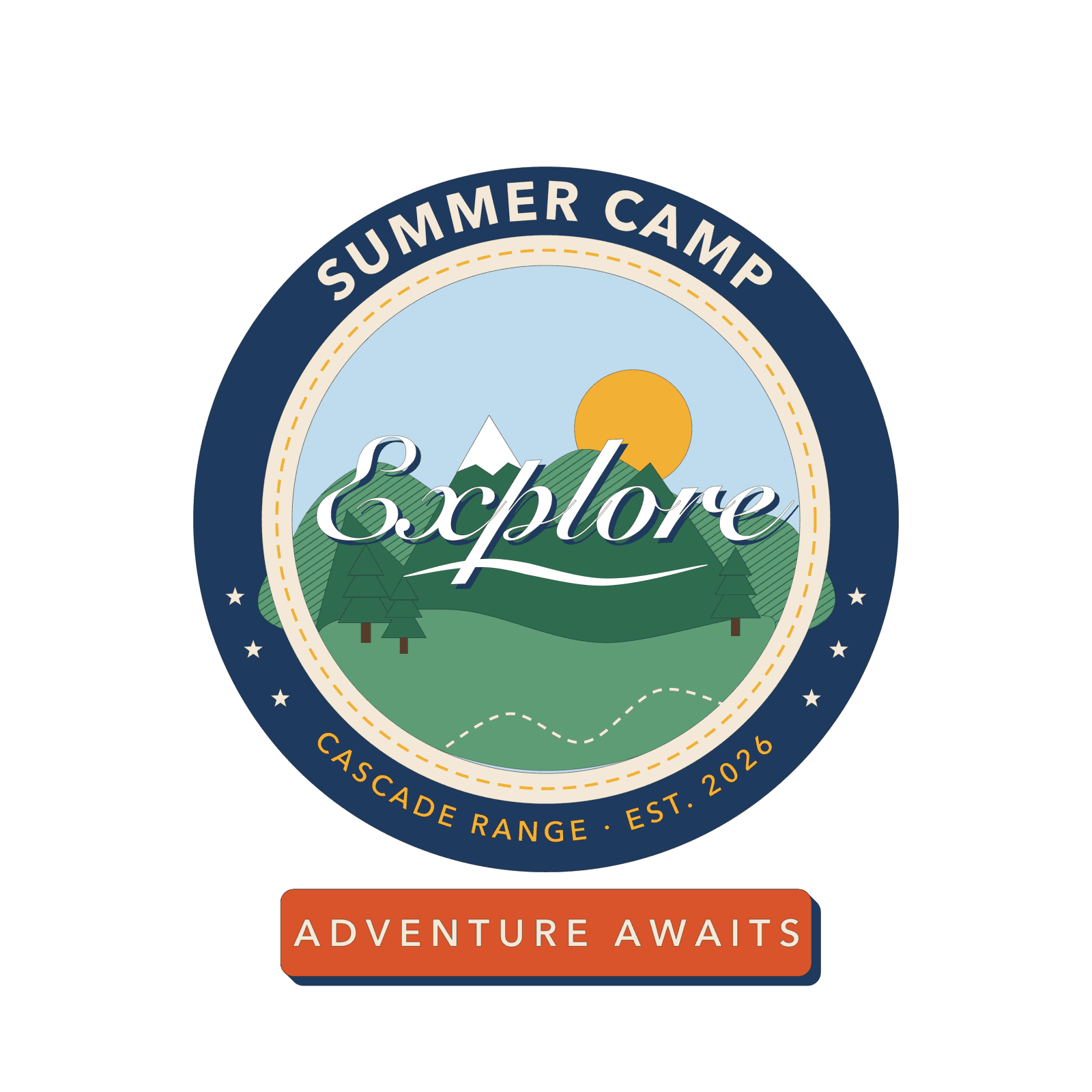 A round camp badge with arc text, a mountain scene, a ring of stars and a ribbon reading Adventure Awaits, drawn in LineaForge