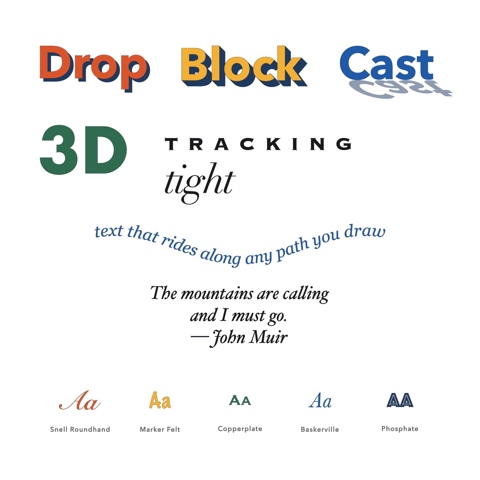 The words Drop, Block and Cast showing three shadow styles, an extruded 3D word, tracked lettering, italic text riding a wave and a font sampler