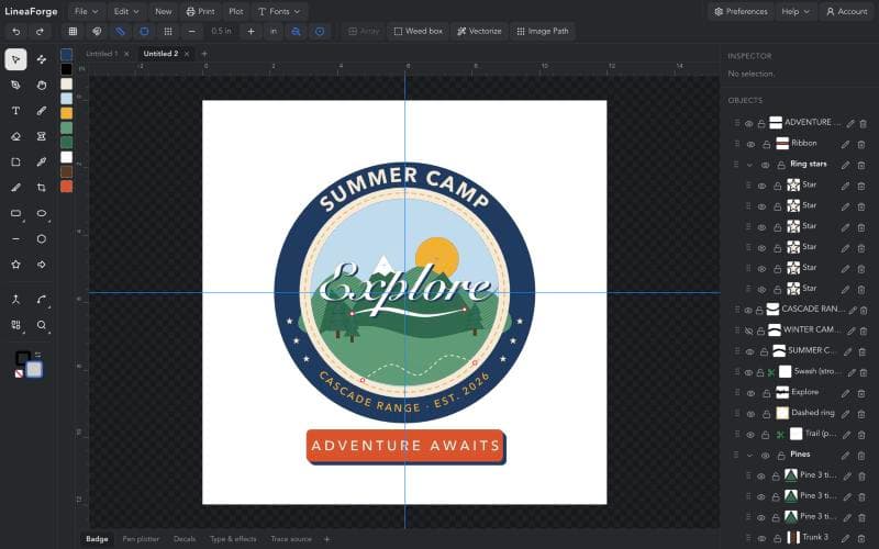The LineaForge editor with a camp badge design on the canvas, the tool rail on the left and the Objects panel on the right
