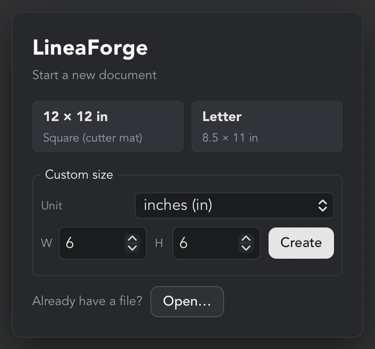 The Start screen, with the 12 × 12 in and Letter presets, the Custom size fields and Open…
