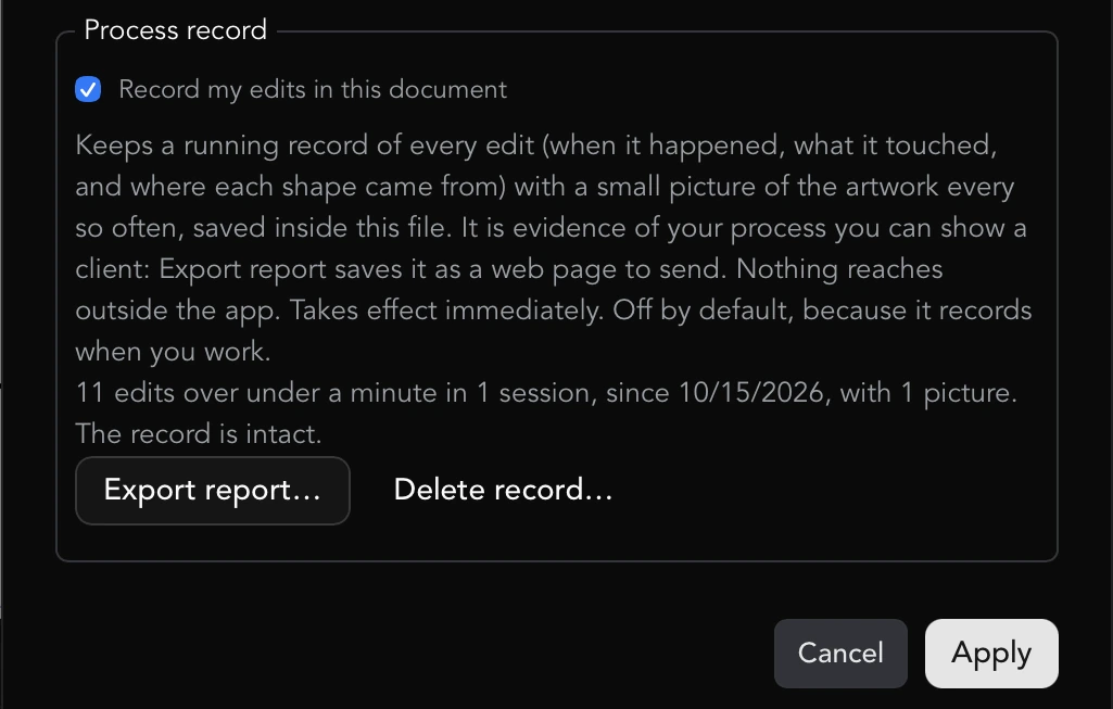The Process record section with Record my edits in this document ticked, its figures line reading 11 edits in 1 session with 1 picture and the record intact, and the Export report… and Delete record… buttons