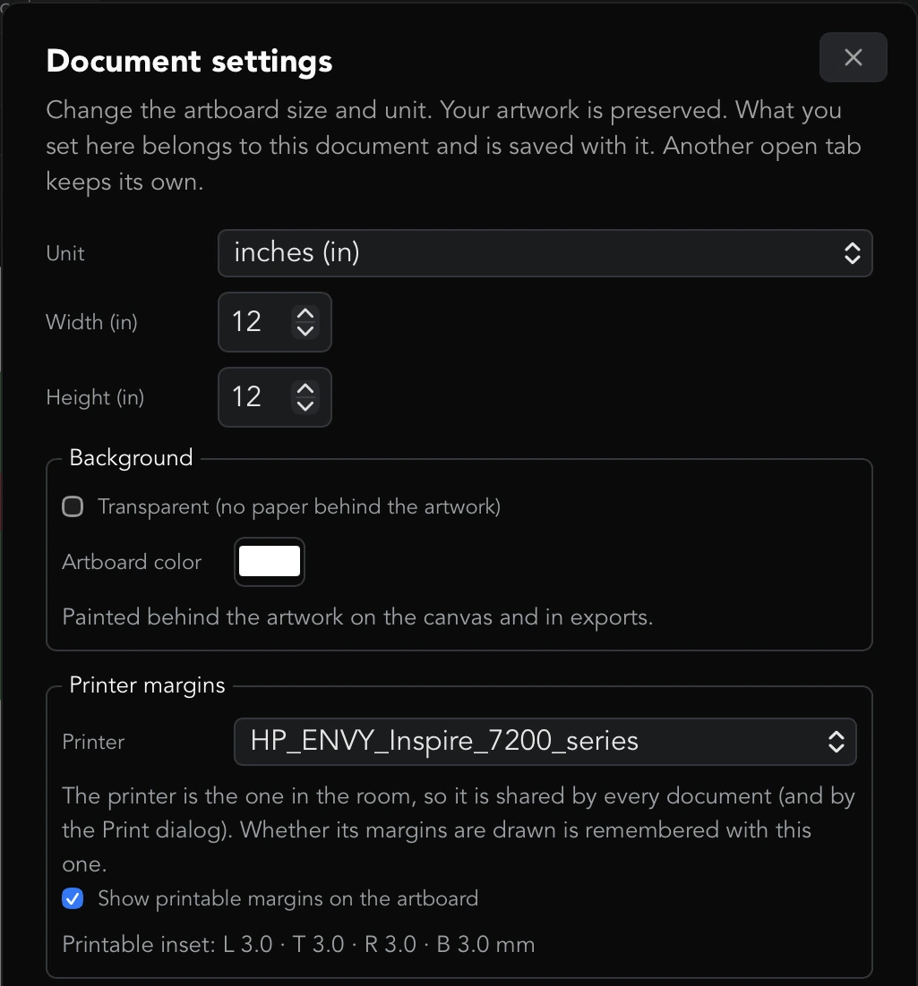 The top of the Document settings dialog: Unit, Width and Height, the Background section with Artboard color, and the Printer margins section with Show printable margins on the artboard ticked