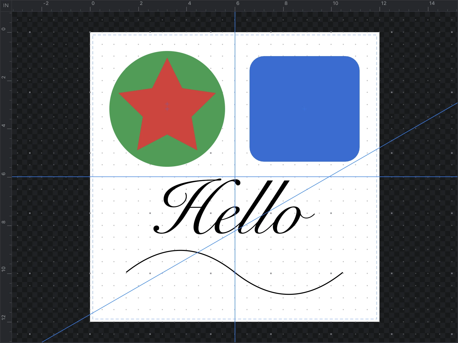 The canvas with rulers, the dot grid, a horizontal, a vertical and an angled guide across the sample design, and small crosshairs at the object centers