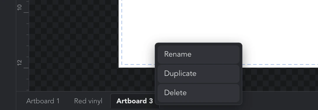 The sheet tabs Artboard 1, Red vinyl and Artboard 3 below the canvas, with the right-click menu showing Rename, Duplicate and Delete