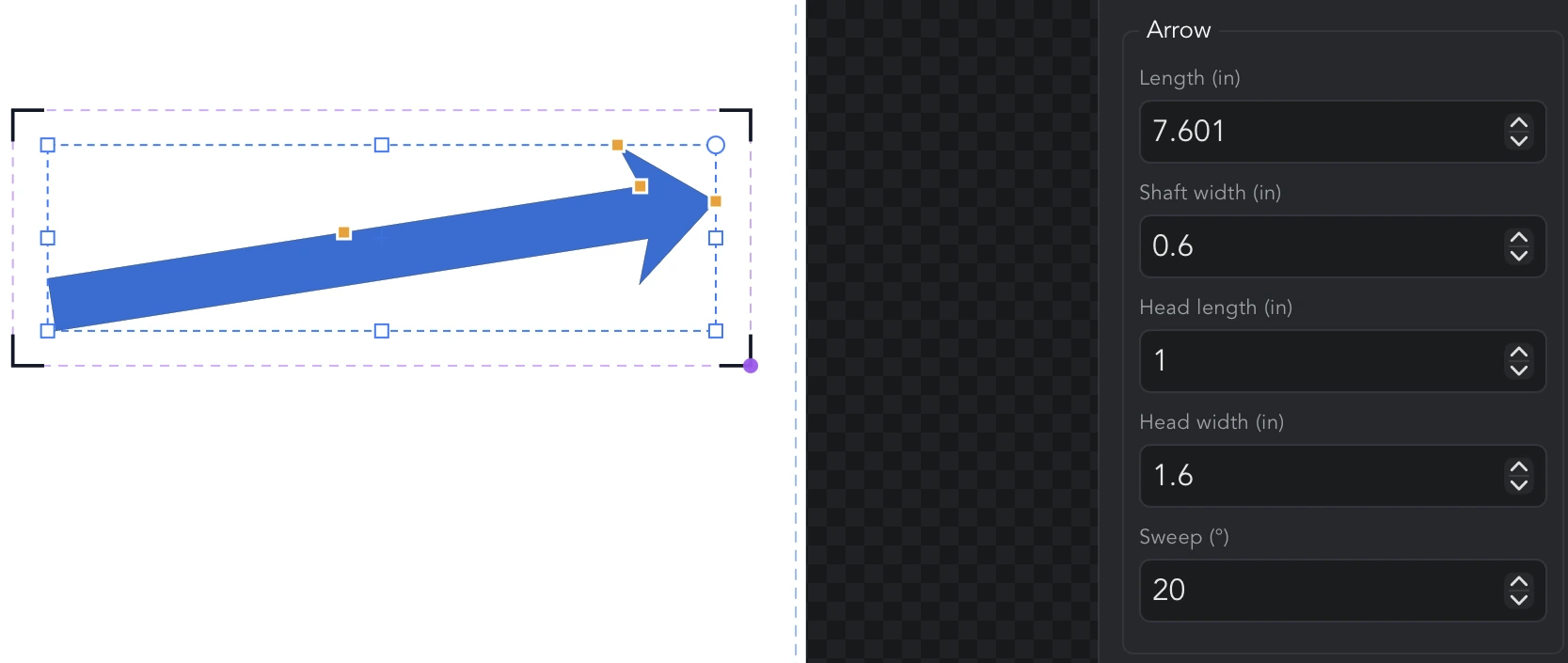 A selected arrow with its four orange handles at the tip, the shaft edge, a barb and the notch, beside the Arrow section of the Inspector