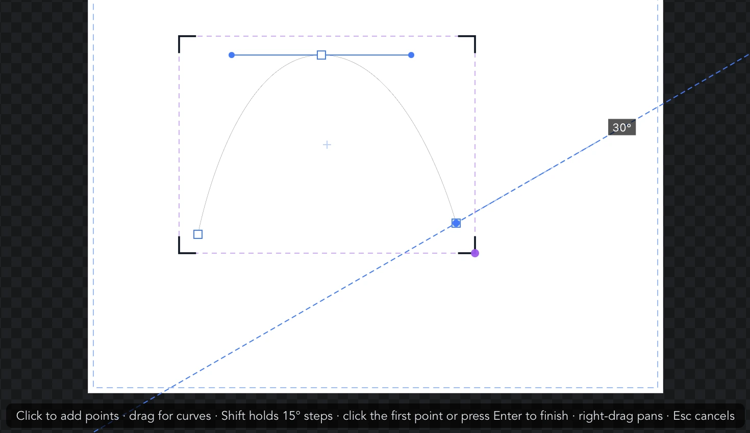 A pen path in progress: a smooth point with its two mirrored handles, Shift held so a dashed construction line shows the 30° step, and the hint strip below the canvas