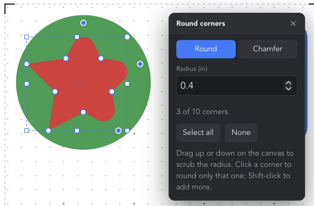 Round corners on a star: three points picked and rounded, the other corners marked with open dots, and the floating panel set to Round with a radius of 0.4 in