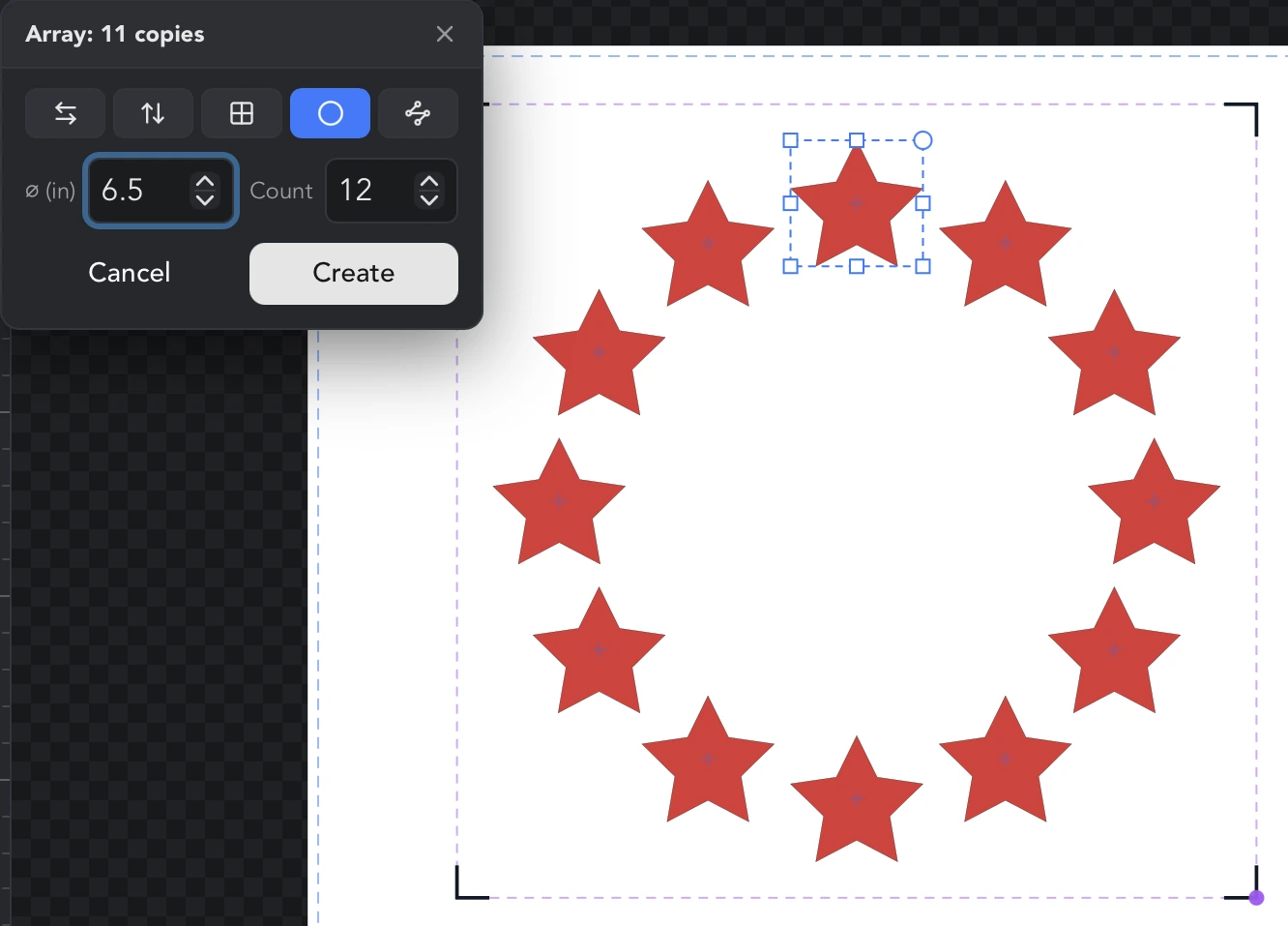 The Array panel on Circular ring with a 6.5 in diameter and a count of 12, and the live star copies arranged in a ring on the canvas
