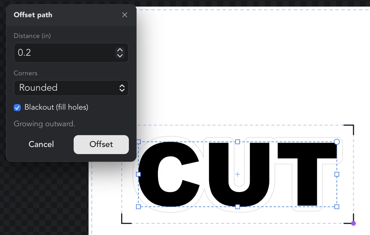 The Offset path panel at 0.2 in with Rounded corners and Blackout (fill holes) ticked, previewing a single outline around the bold word CUT