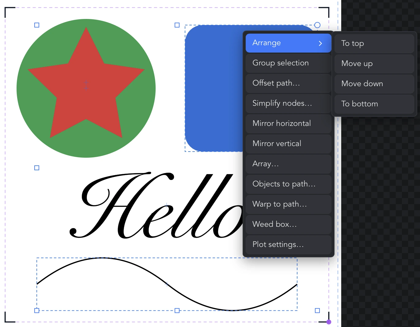 The right-click menu on a two-object selection, with the Arrange submenu open on To top, Move up, Move down and To bottom