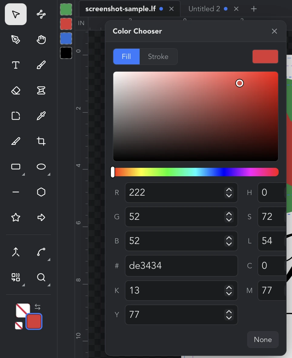 The Color Chooser editing the fill of the red star, with the color square, hue strip and number fields, next to the tool rail swatches and the Document colors strip