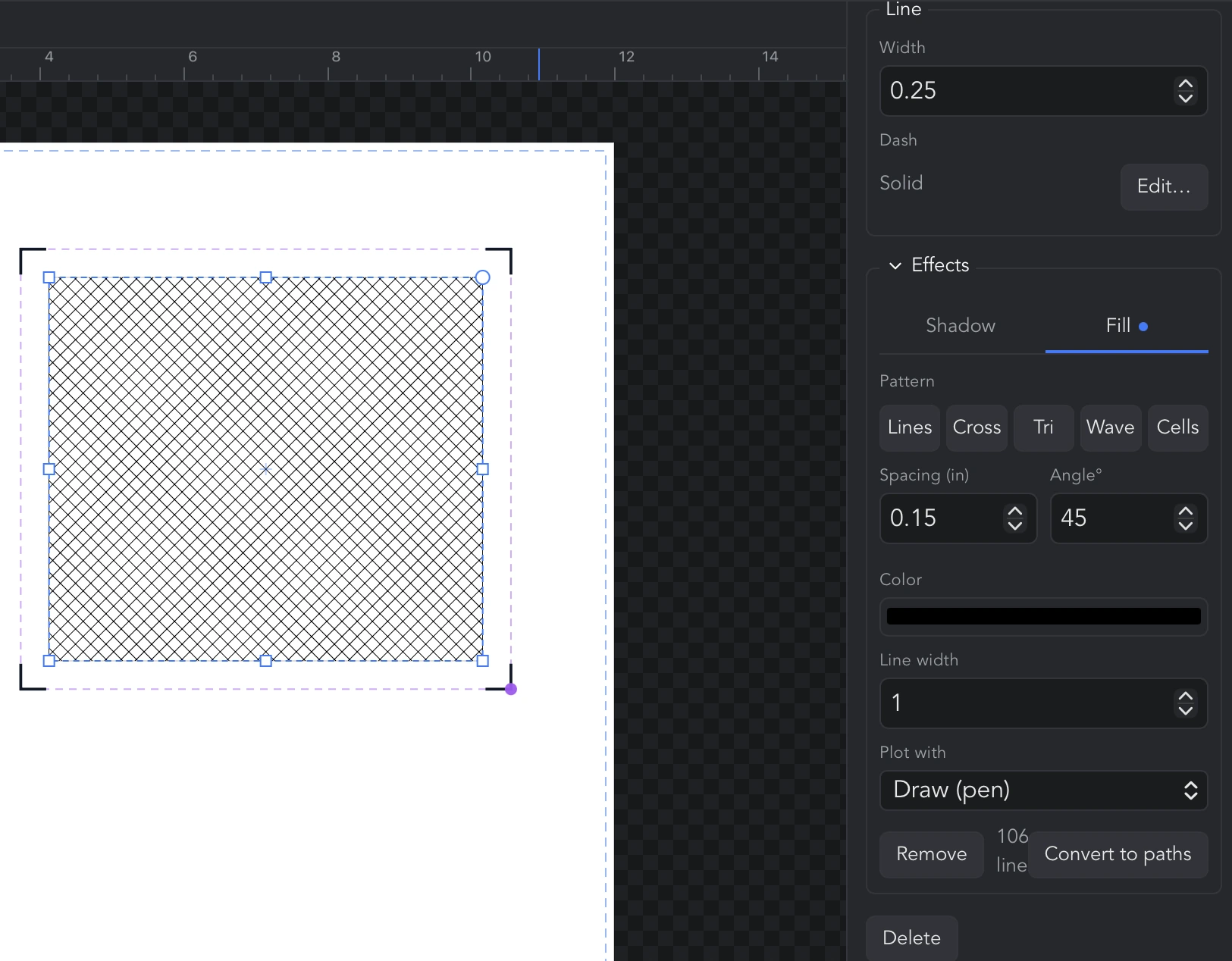 The Fill tab of the Effects section set to Cross at 0.15 in spacing and 45°, plotted with Draw (pen), beside a rectangle filled with crosshatching