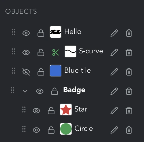 The Objects panel with the Badge group expanded to show Star and Circle, the Hello row locked, the Blue tile row hidden, and a scissors badge on the S-curve row