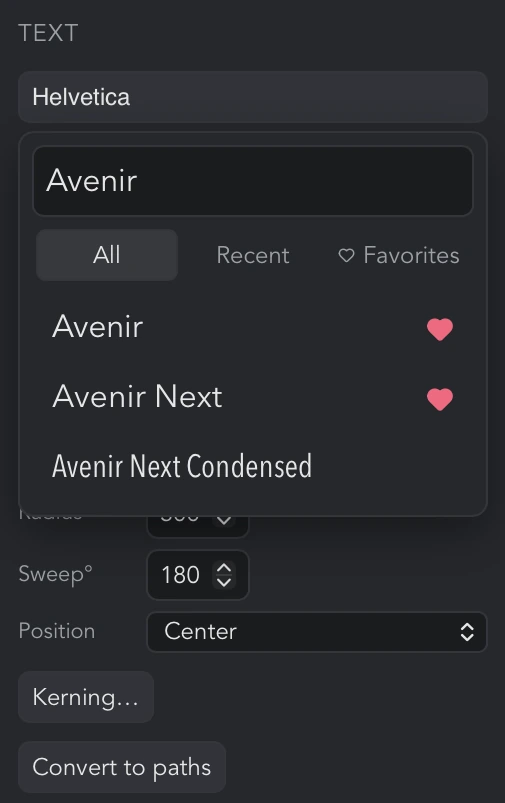 The font picker on the All tab with Avenir typed in the filter, the Avenir and Avenir Next rows marked with filled hearts, and the All, Recent and Favorites tabs