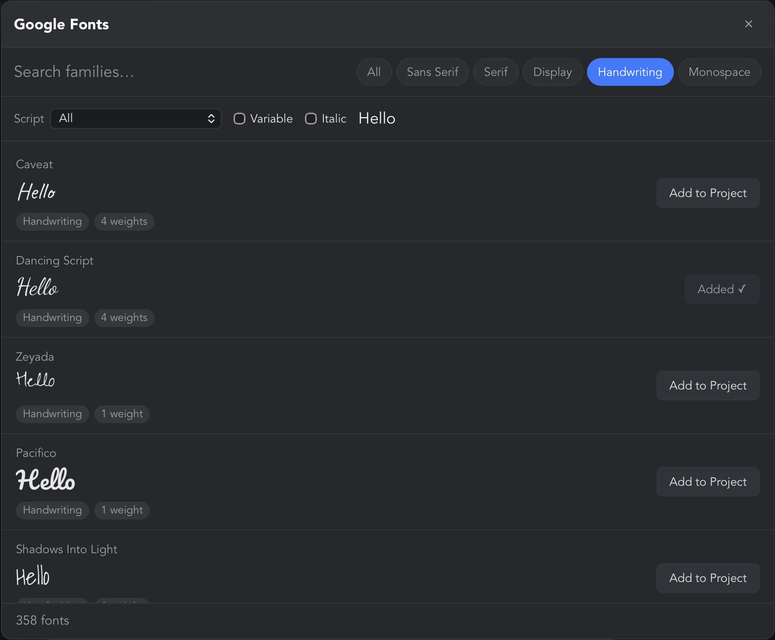The Google Fonts window on the Handwriting category with the preview text set to Hello, and Dancing Script showing Added ✓