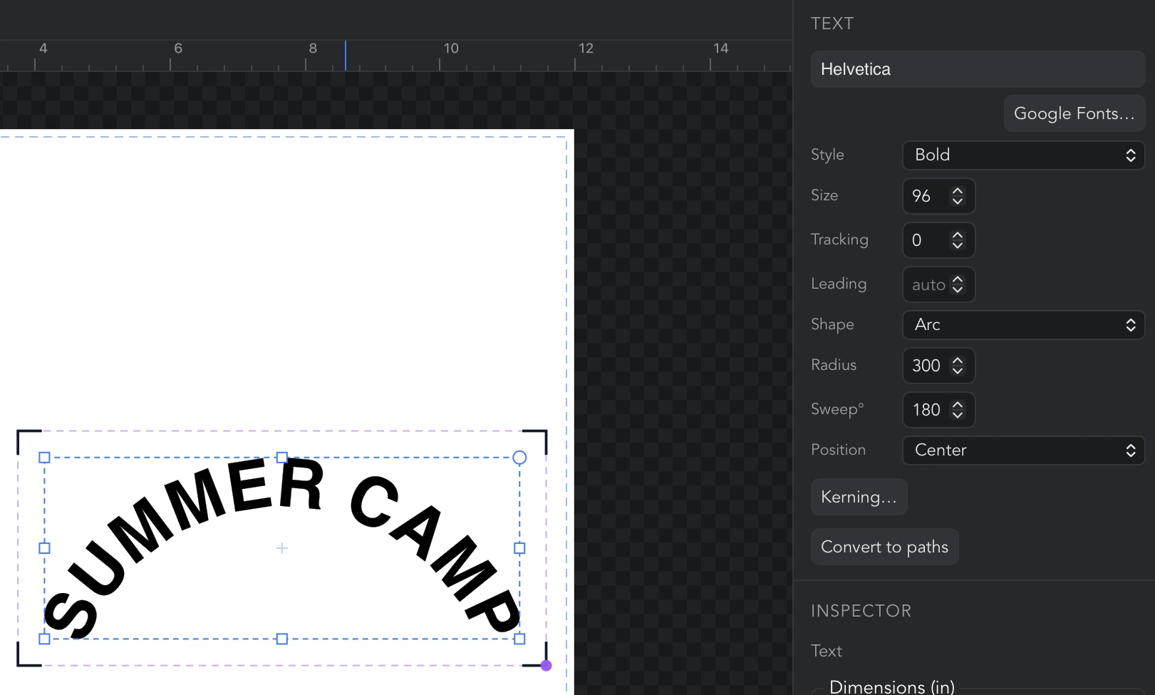 SUMMER CAMP curved on an arc with a radius of 300 and a sweep of 180°, positioned at Center, beside the Text panel