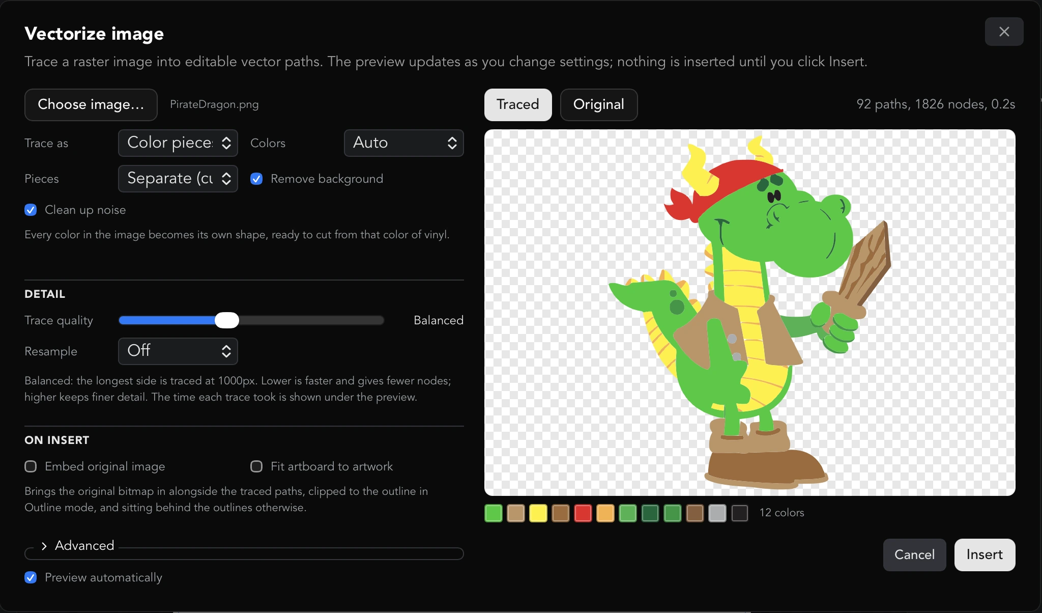 The Vectorize image dialog tracing PirateDragon.png as Color pieces with Colors on Auto, the traced preview, its 12 color swatches and the status line reading 92 paths, 1826 nodes