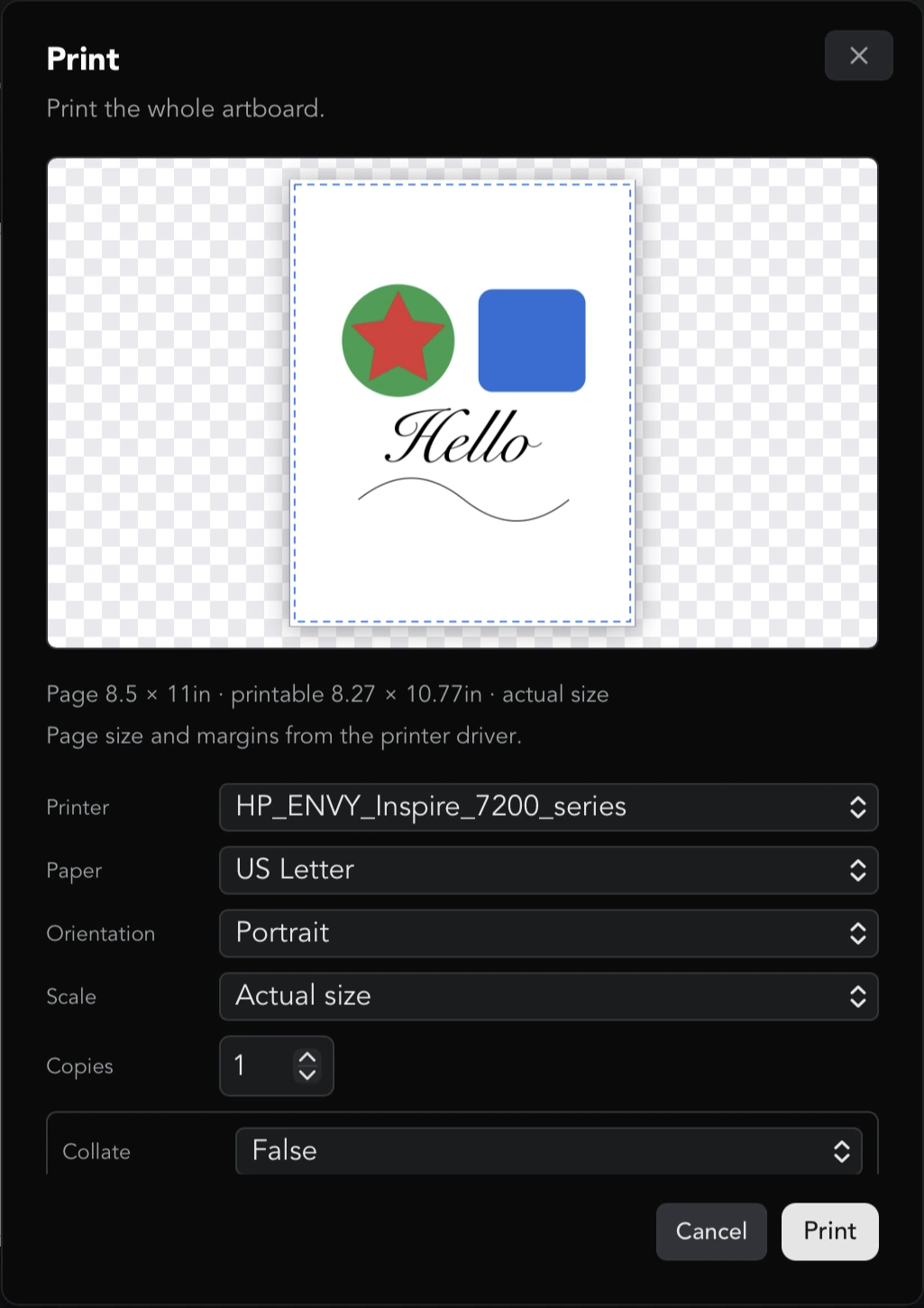 The Print dialog for a Letter page in Portrait at Actual size, with the sheet preview, the dashed printable area and the page summary lines under it
