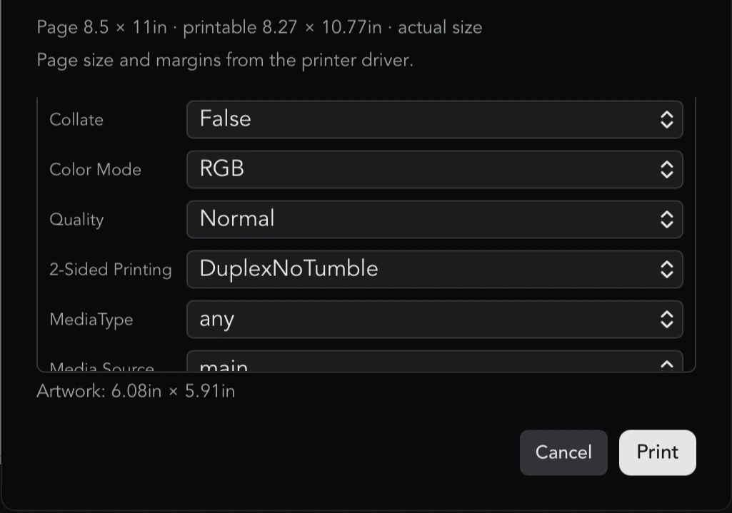 The lower part of the Print dialog scrolled to the driver options (Collate, Color Mode, Quality, 2-Sided Printing, MediaType) with the Artwork: line beneath them