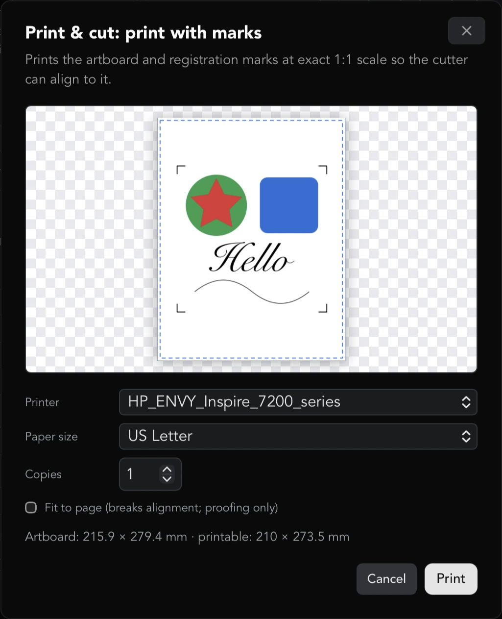 The Print & cut: print with marks dialog showing a Letter sheet with four L-shaped registration marks around the design, and the Artboard: and printable: sizes in millimeters
