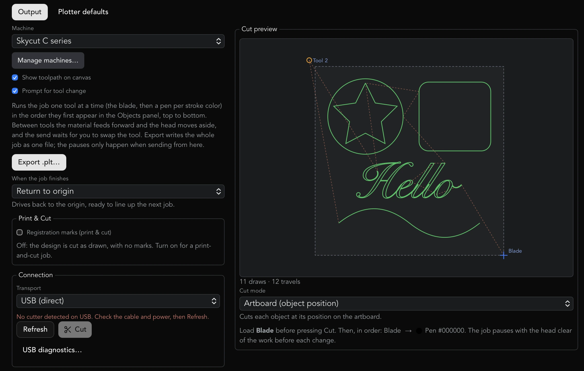 The Output tab of the Plotter dialog: Show toolpath on canvas ticked, Connection set to USB (direct), and the Cut preview with the Blade crosshair above the Cut mode menu