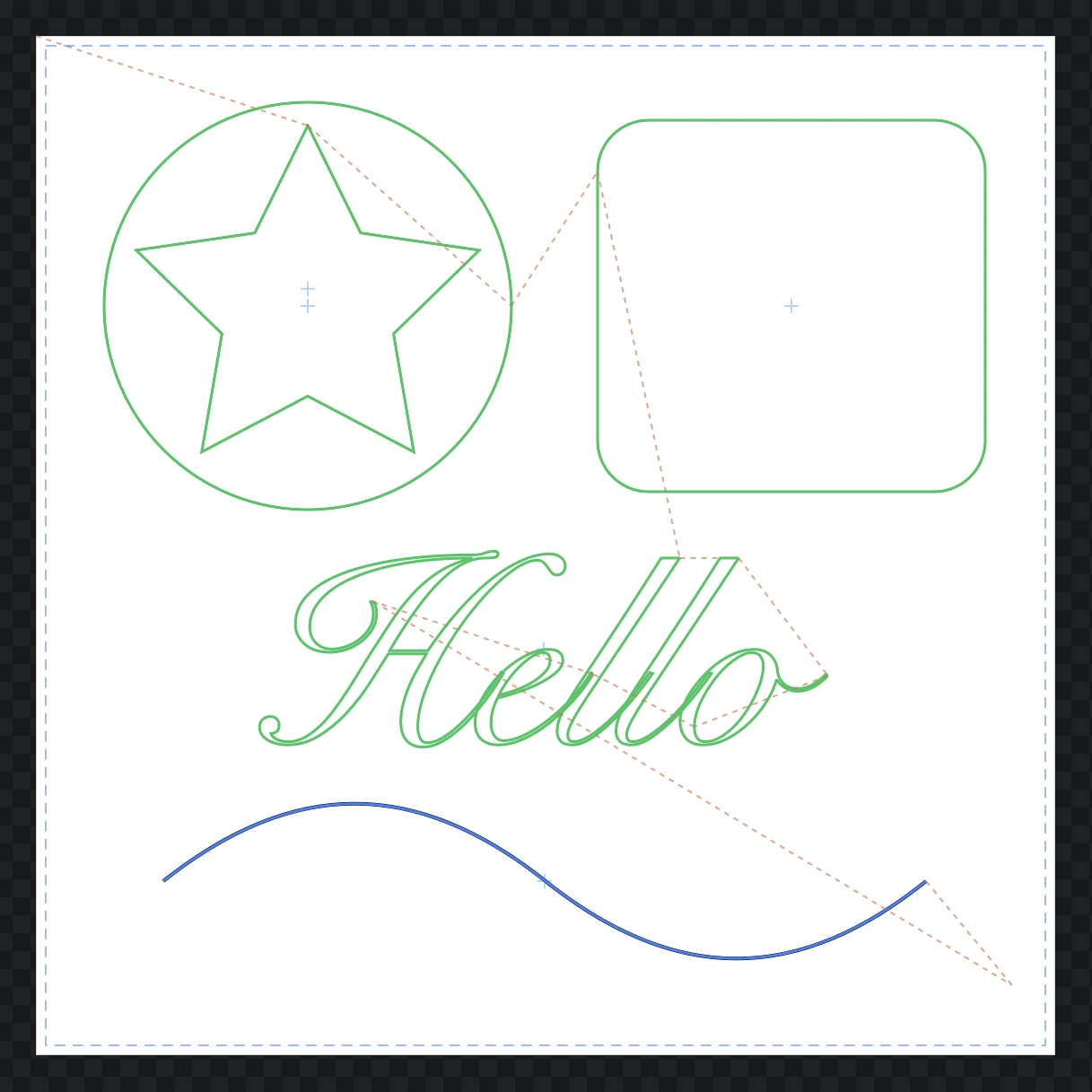 The toolpath drawn over the sample design with fills hidden: green cut outlines, the blue pen-drawn S-curve and dashed orange travel lines between them
