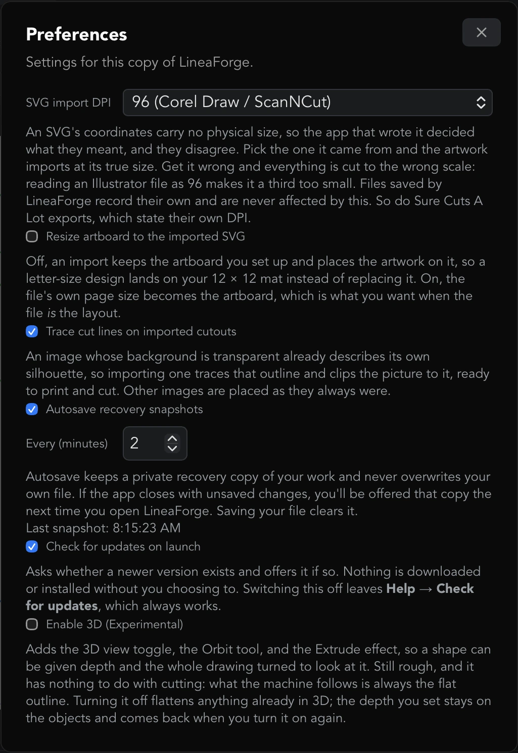 The Preferences dialog at its default settings: SVG import DPI 96, Trace cut lines on imported cutouts, Autosave recovery snapshots every 2 minutes with the Last snapshot line, and Check for updates on launch